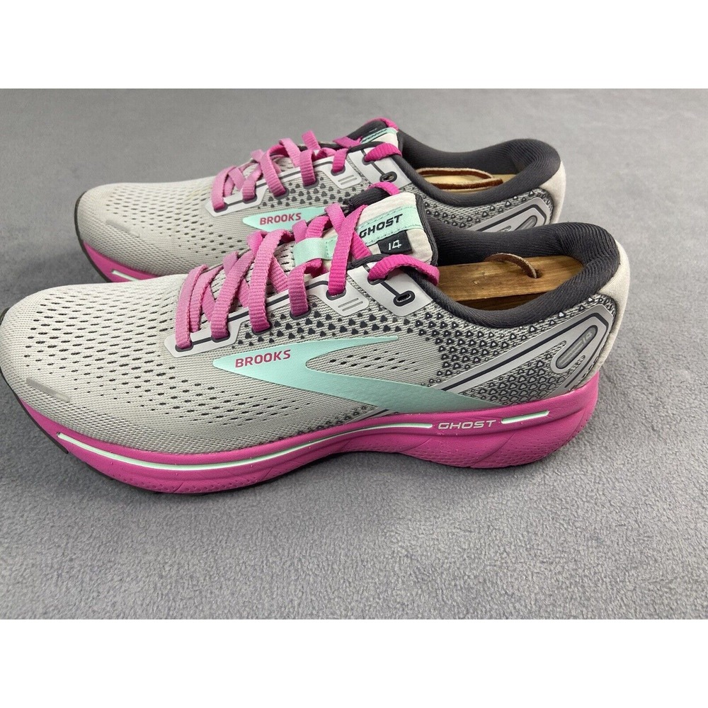 Brooks Shoes Women 10 Ghost 14 Gray Pink‎ Yucca Running Athletic Sneakers Walk